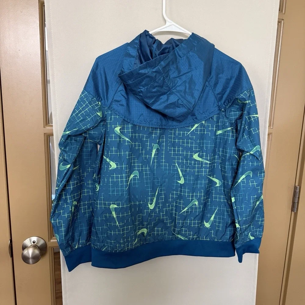 Nike Boys Large Blue Logo Loose Fit Hooded Lightweight Rain Jacket Full Zip Up
